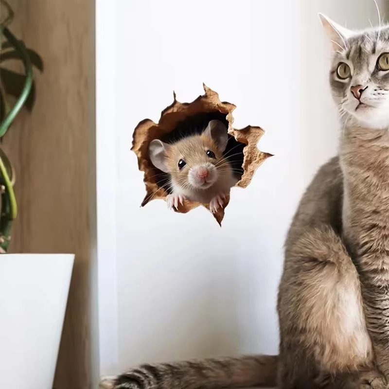 1pc tikus yang mengintip melalui stiker dinding